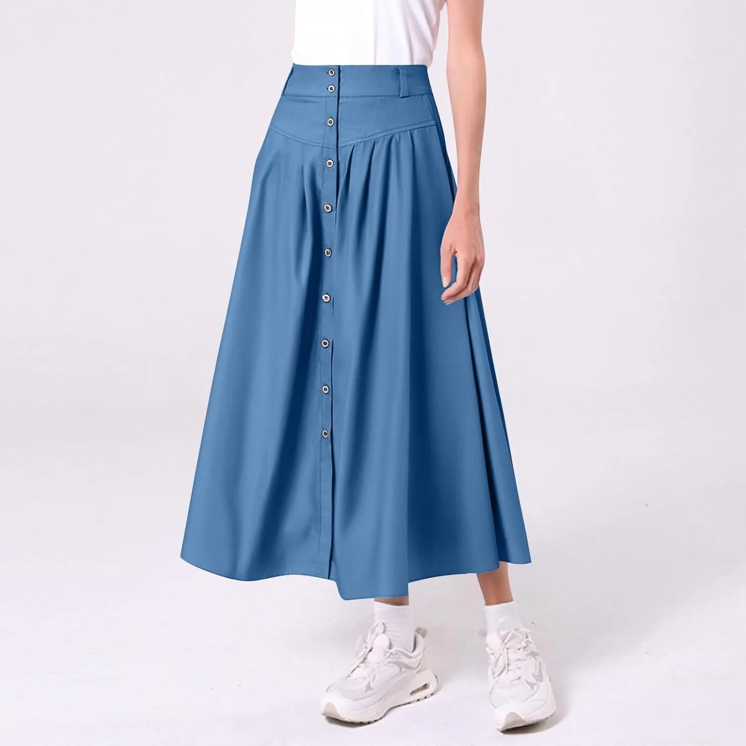 Maxi Skirts for Women 2025 Vintage Flared Pleated Flowy Skirt Button Front High Waisted Long Skirts with Pockets ?
