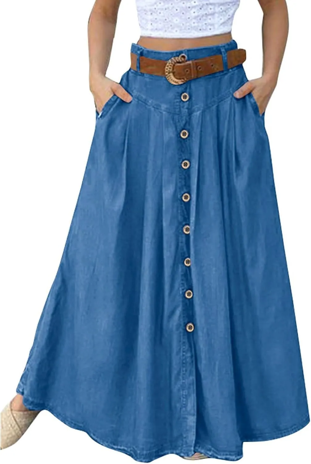 Maxi Skirts for Women 2025 Vintage Flared Pleated Flowy Skirt Button Front High Waisted Long Skirts with Pockets ?