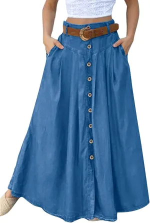 Maxi Skirts for Women Casual Long Washed Denim Prairie Skirt with Front Button Ankle Length Casual Pleated Skrit