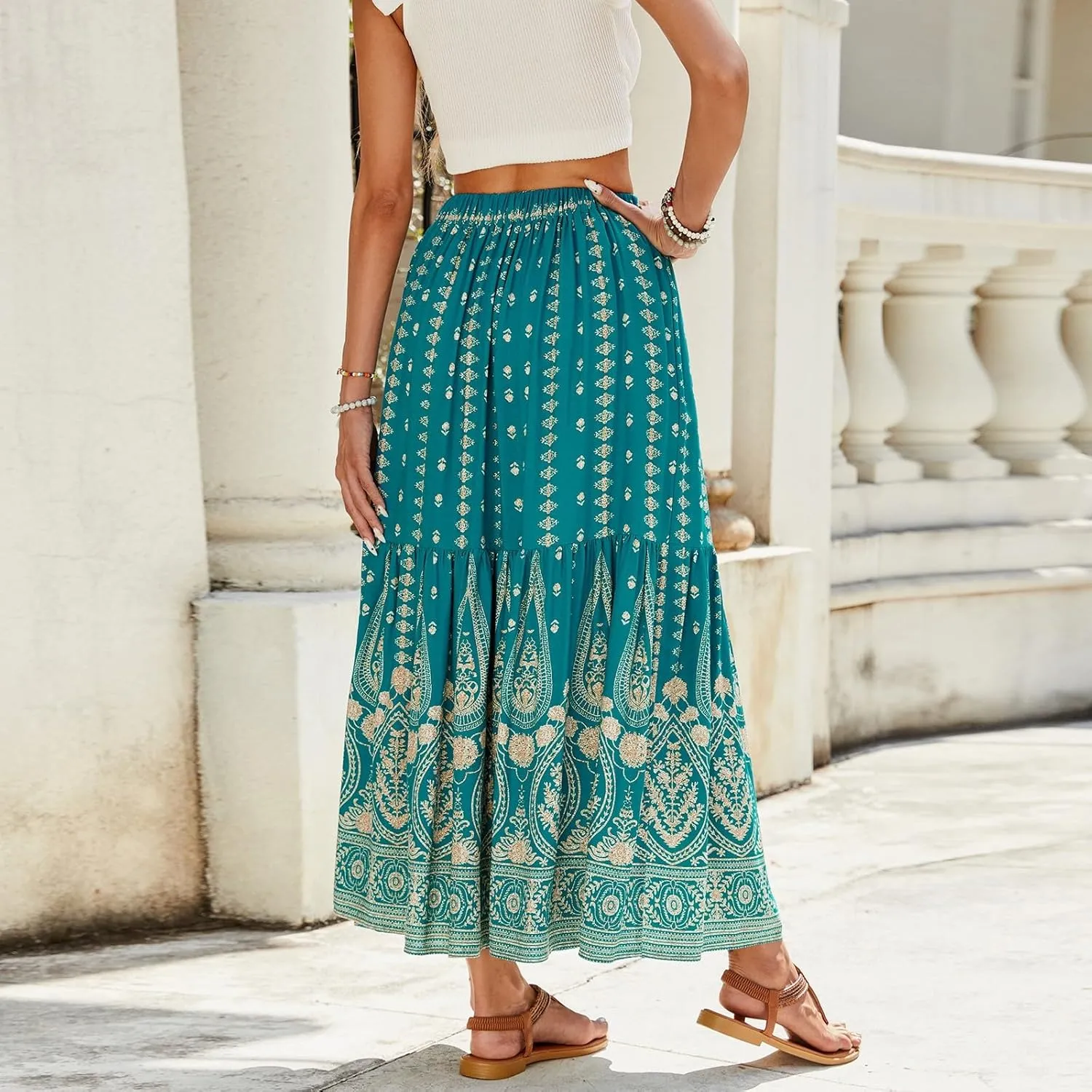 Maxi Skirts for Women Trendy Elastic High Waisted Boho Flowy Tiered Pleated Skirt A-Line Drawstring Beach Vacation Clothes