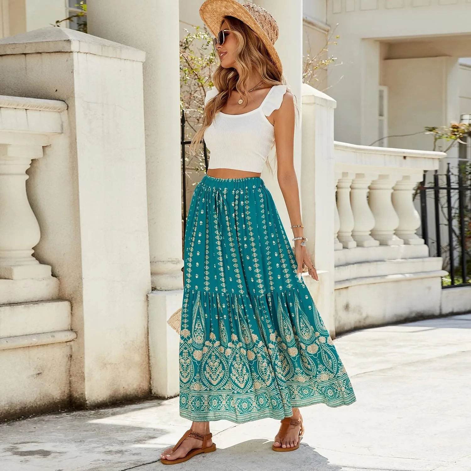 Maxi Skirts for Women Trendy Elastic High Waisted Boho Flowy Tiered Pleated Skirt A-Line Drawstring Beach Vacation Clothes