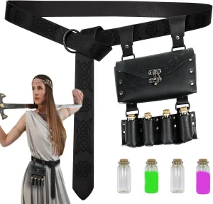 Medieval Alchemy Belt Faux Leather Belt Bag with 4 Cork Potion Vials, Fantasy Wizard Waist Ren Faire Pouch Side Pack for Renaissance Potion Belt Pouch Renaissance Accessories for Women and Men Cosplay