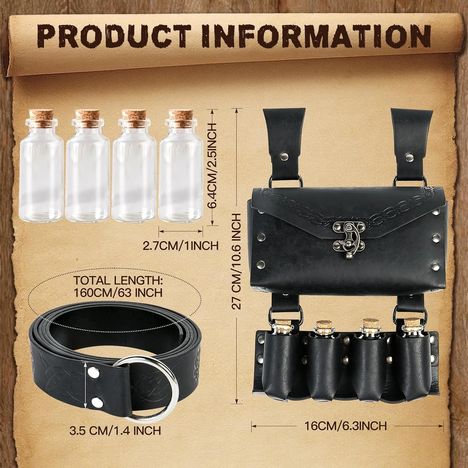 Medieval Alchemy Belt Faux Leather Belt Bag with 4 Cork Potion Vials, Fantasy Wizard Waist Ren Faire Pouch Side Pack for Renaissance Potion Belt Pouch Renaissance Accessories for Women and Men Cosplay