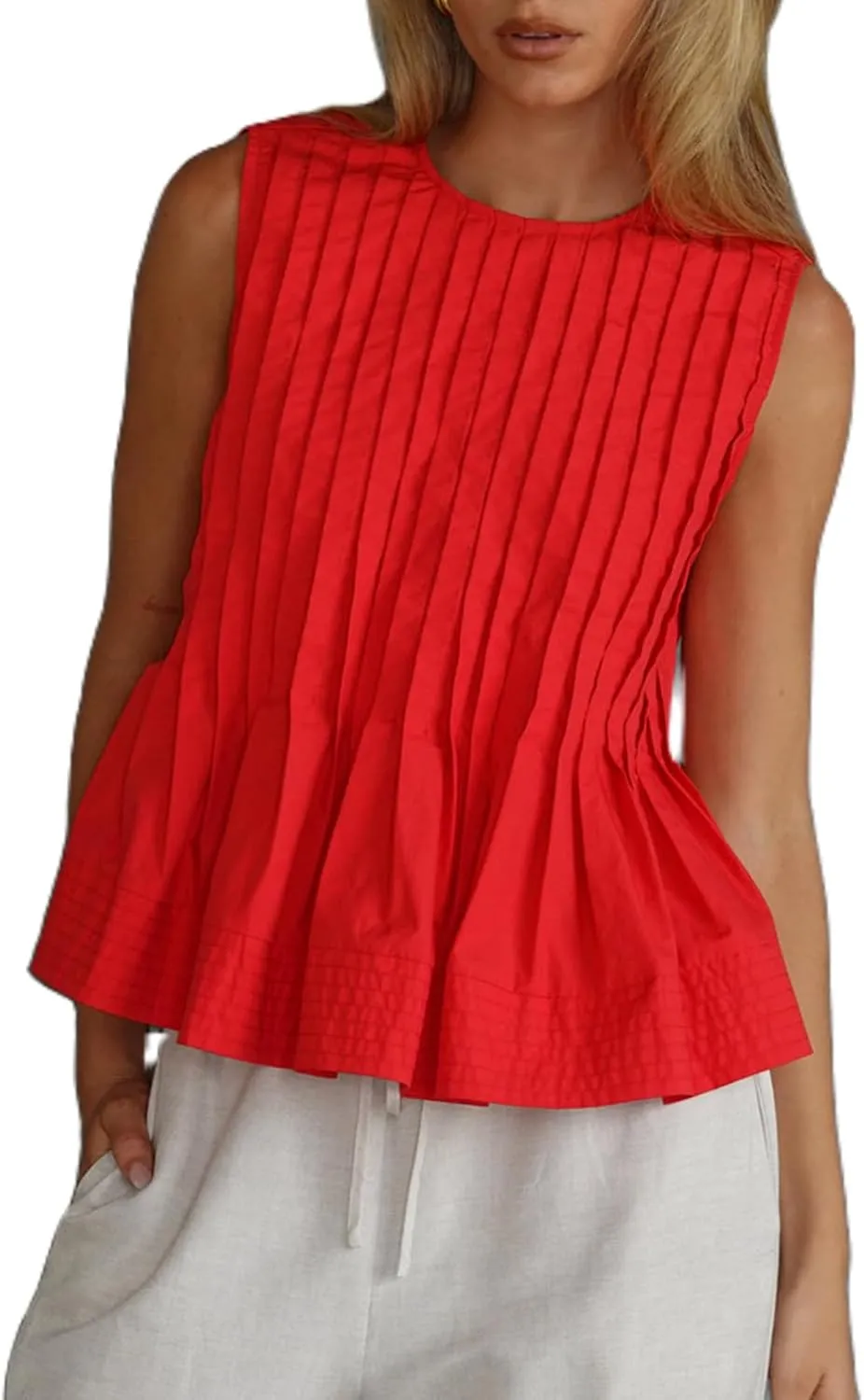 Meiweileya Women Y2k Pleated Peplum Tank Top Linen Front Tie Button Up Sleeveless Vest Ruffle Hem V Neck Going Out Blouse