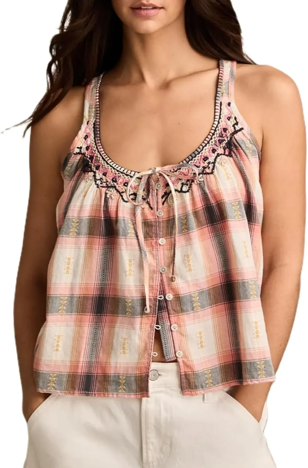 Meiweileya Women Y2k Pleated Peplum Tank Top Linen Front Tie Button Up Sleeveless Vest Ruffle Hem V Neck Going Out Blouse