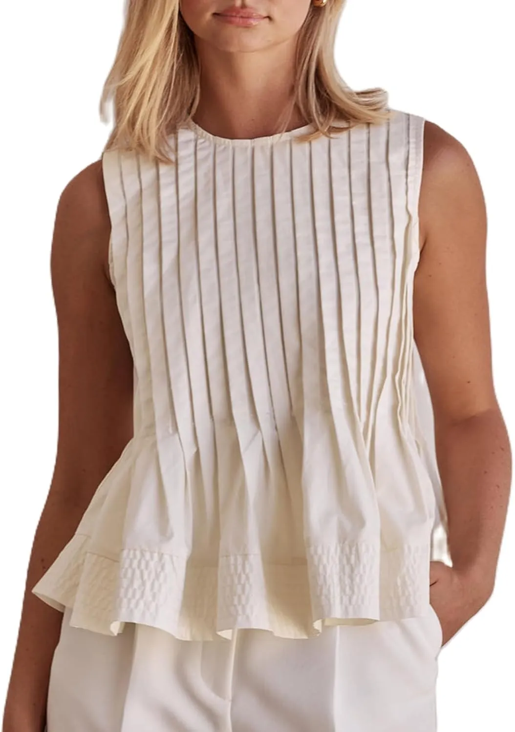 Meiweileya Women Y2k Pleated Peplum Tank Top Linen Front Tie Button Up Sleeveless Vest Ruffle Hem V Neck Going Out Blouse