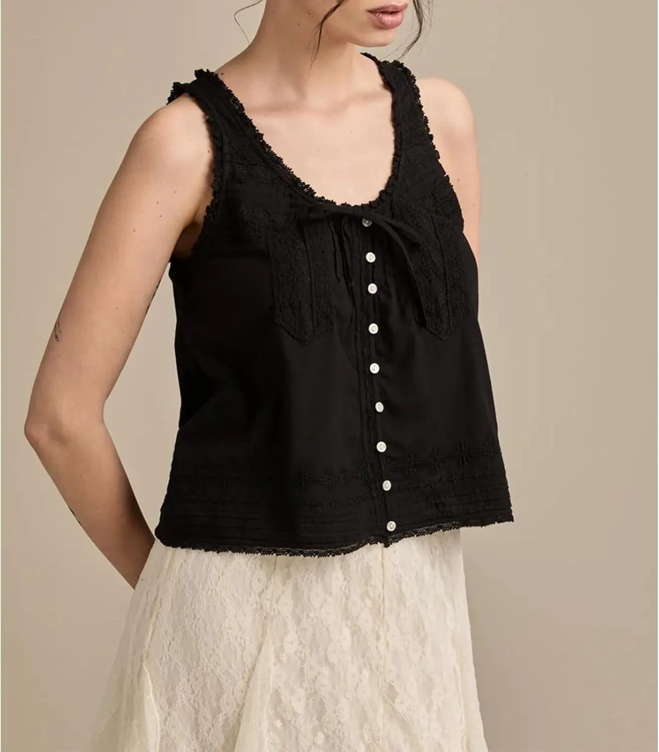 Meiweileya Women Y2k Pleated Peplum Tank Top Linen Front Tie Button Up Sleeveless Vest Ruffle Hem V Neck Going Out Blouse