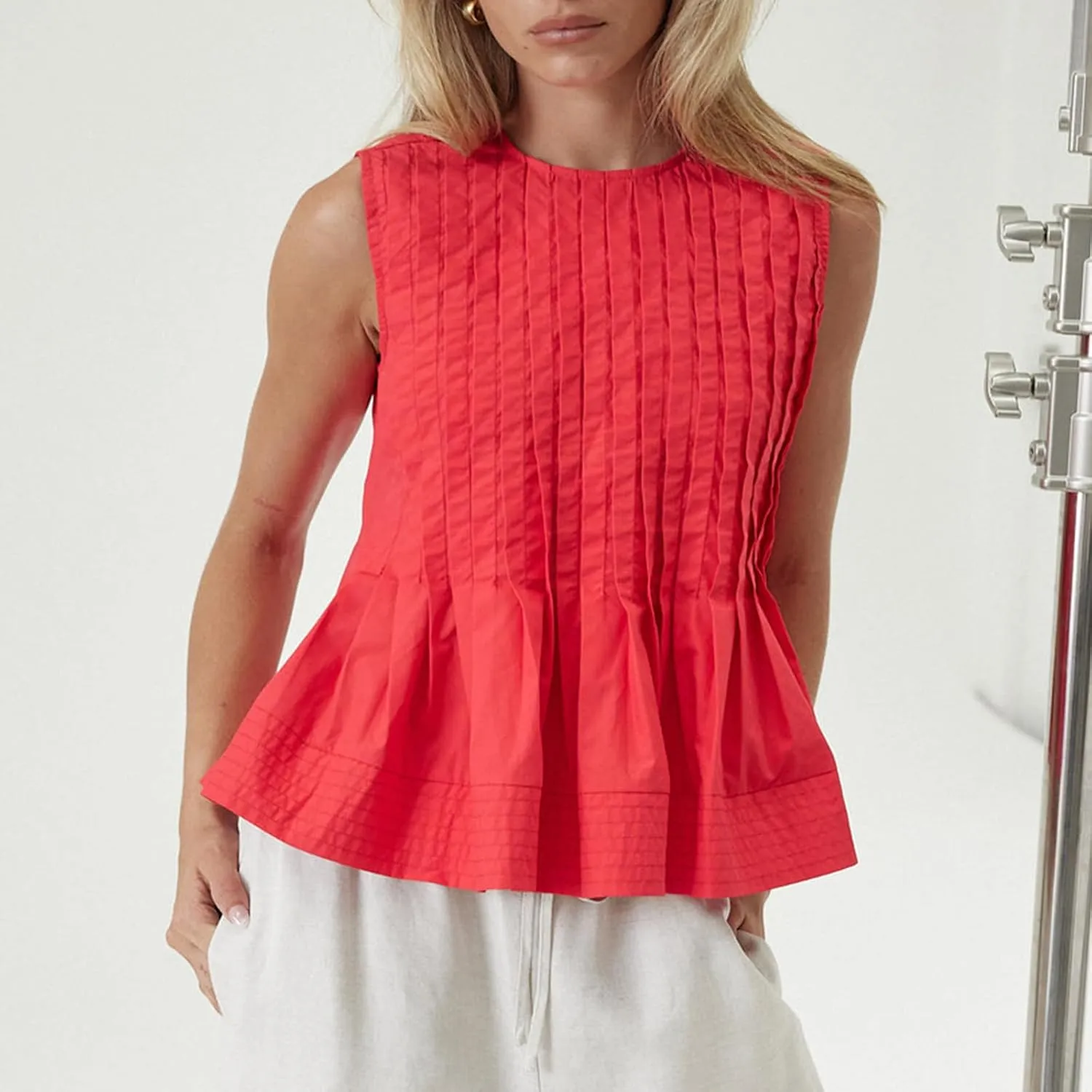 Meiweileya Women Y2k Pleated Peplum Tank Top Linen Front Tie Button Up Sleeveless Vest Ruffle Hem V Neck Going Out Blouse
