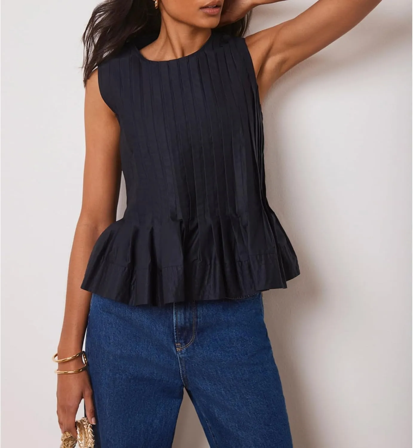 Meiweileya Women Y2k Pleated Peplum Tank Top Linen Front Tie Button Up Sleeveless Vest Ruffle Hem V Neck Going Out Blouse