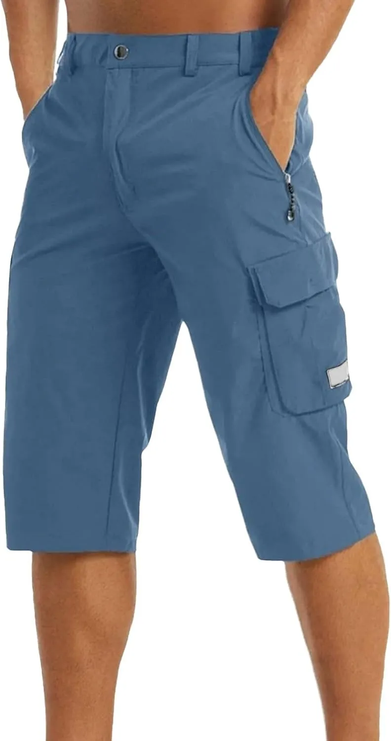 Mens Below Knee Cargo Shorts Multi Pockets Lightweight Outdoor Hiking Work Shorts for Men Athleric Fit Quick Dry Capri Pants