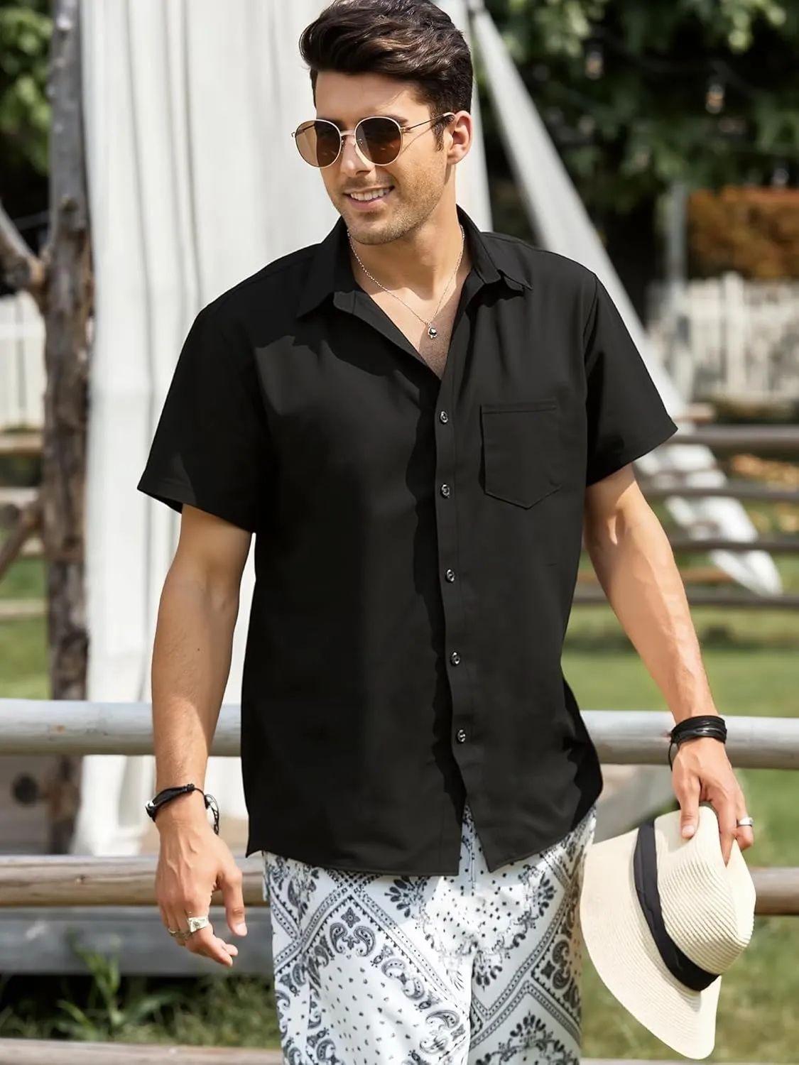 Mens Button Down Short Sleeve Shirt Casual Button Up Dress Shirts for Men Beach Summer Tops with Pocket