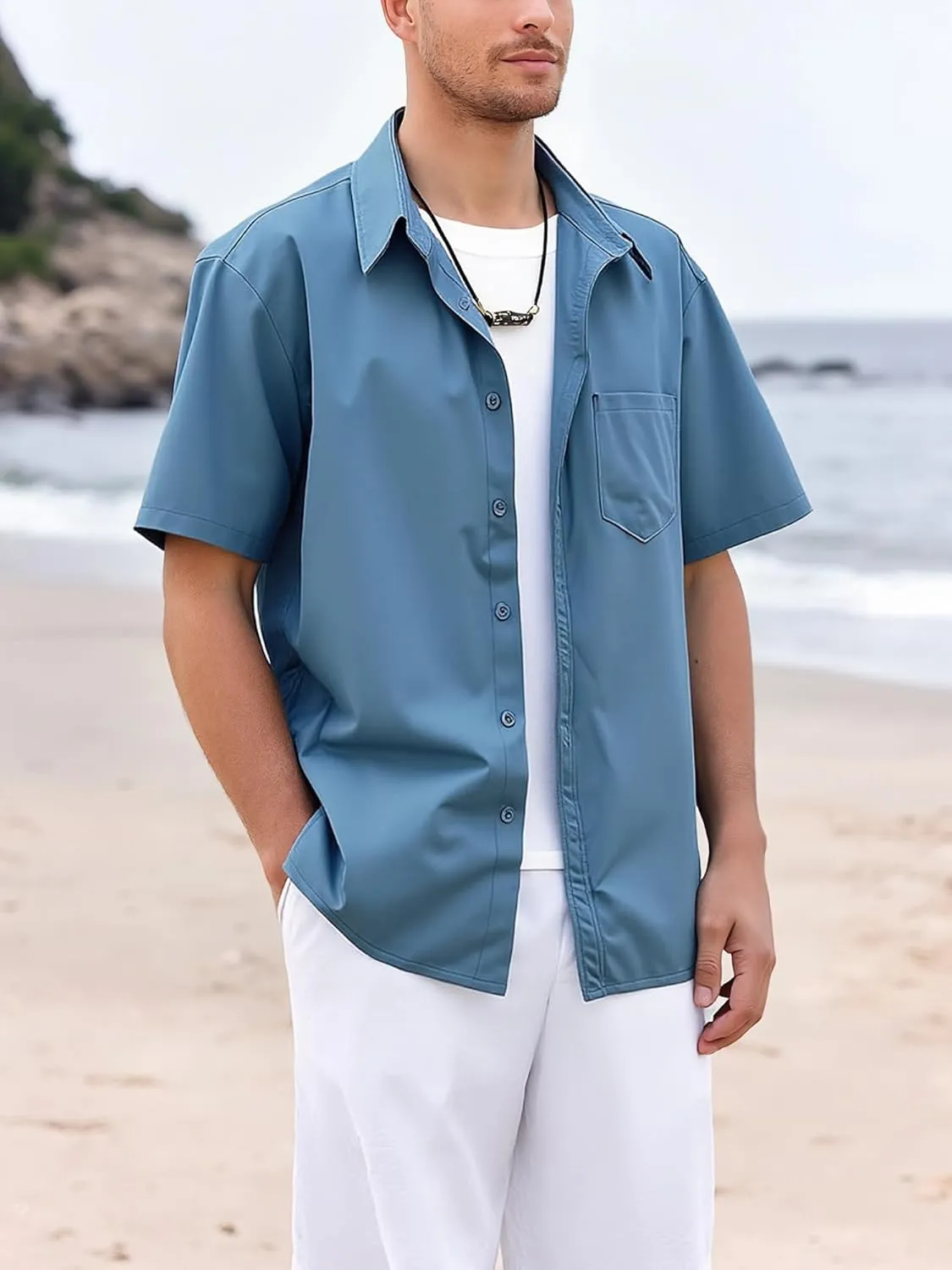 Mens Button Down Short Sleeve Shirt Casual Button Up Dress Shirts for Men Beach Summer Tops with Pocket