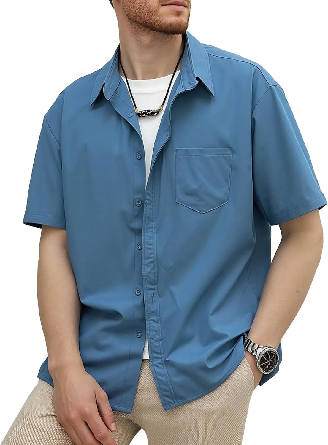 Mens Button Down Short Sleeve Shirt Casual Button Up Dress Shirts for Men Beach Summer Tops with Pocket