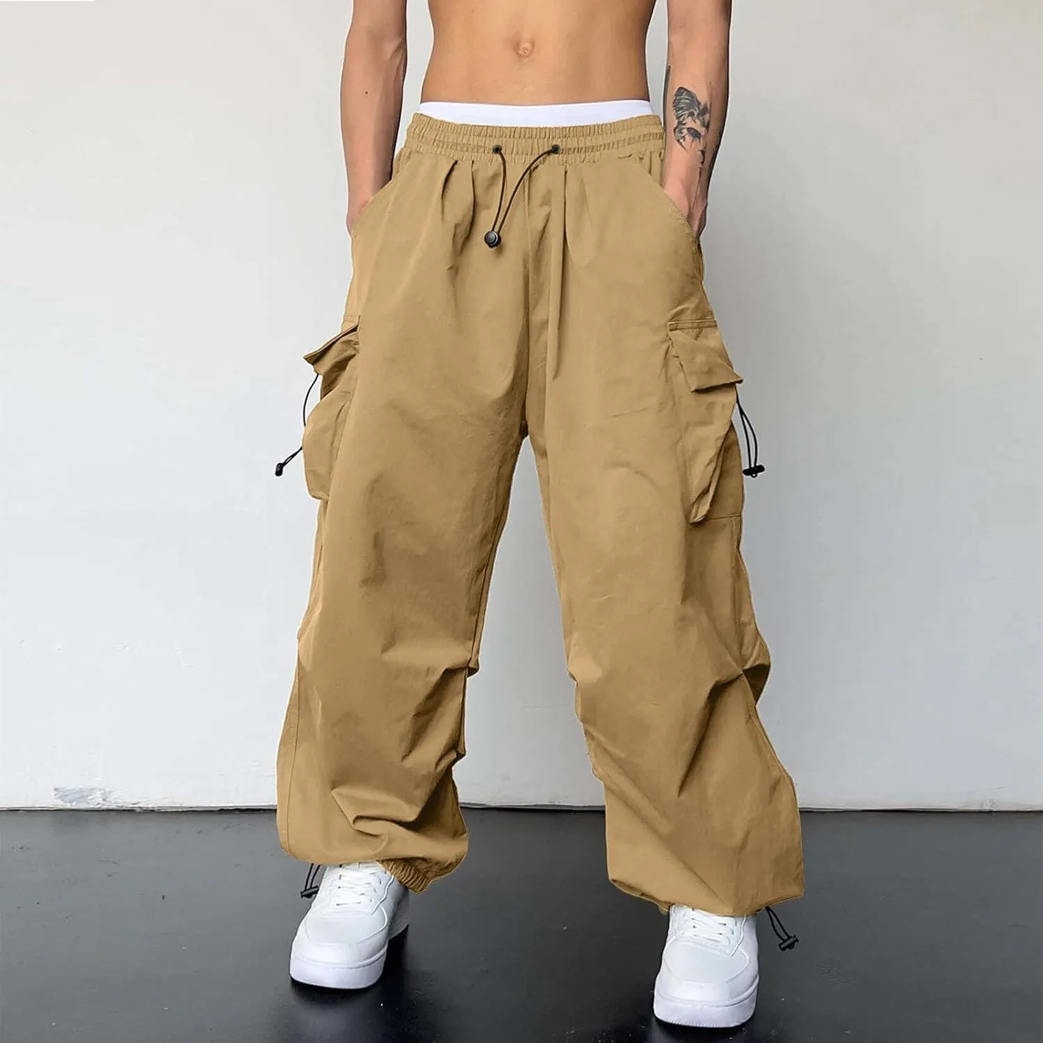 Mens Cargo Pants Casual Wide Leg Elastic Waist Pant Work Pant with Multiple Pockets