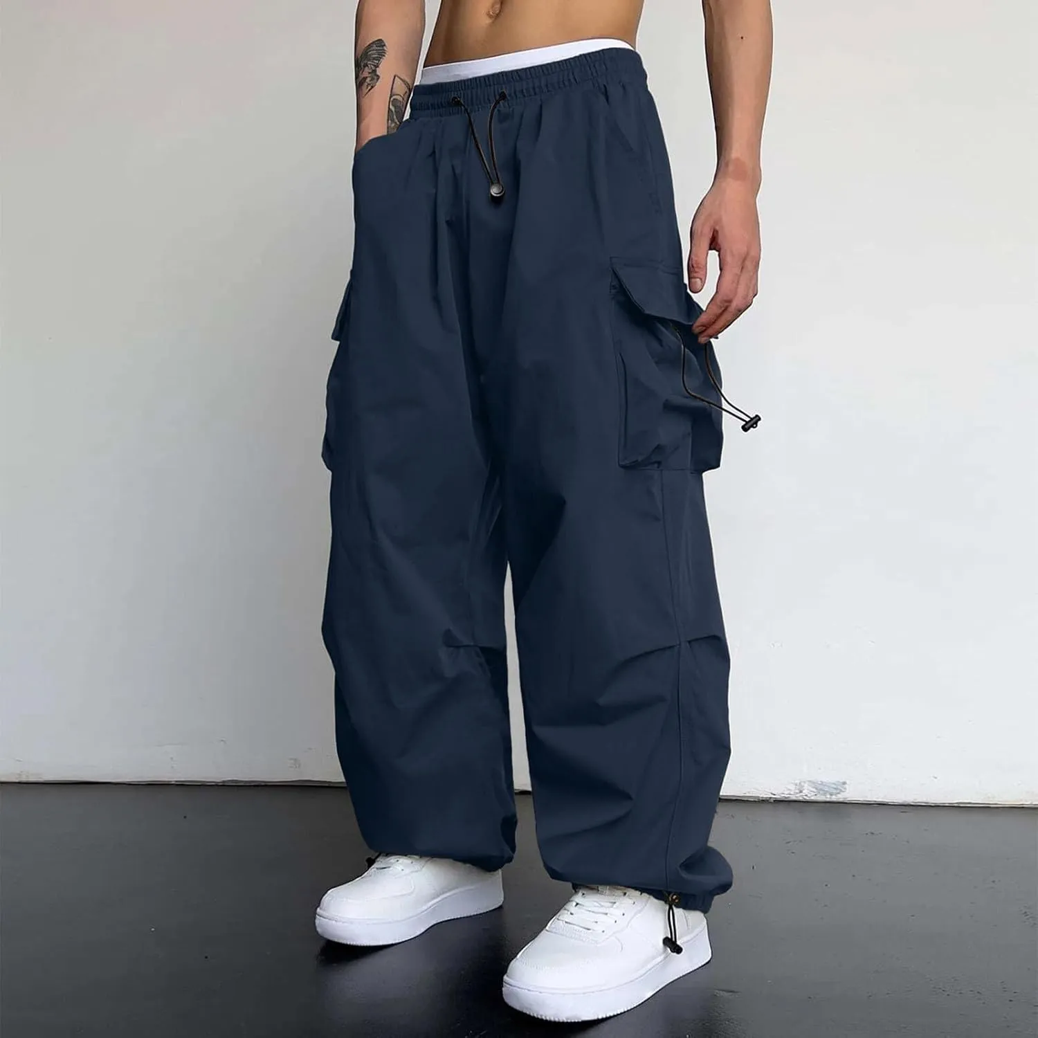 Mens Cargo Pants Casual Wide Leg Elastic Waist Pant Work Pant with Multiple Pockets
