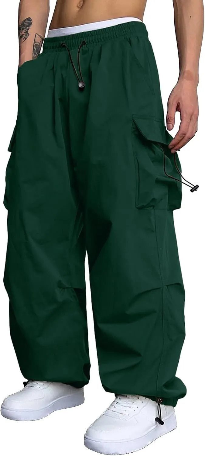 Mens Cargo Pants Casual Wide Leg Elastic Waist Pant Work Pant with Multiple Pockets