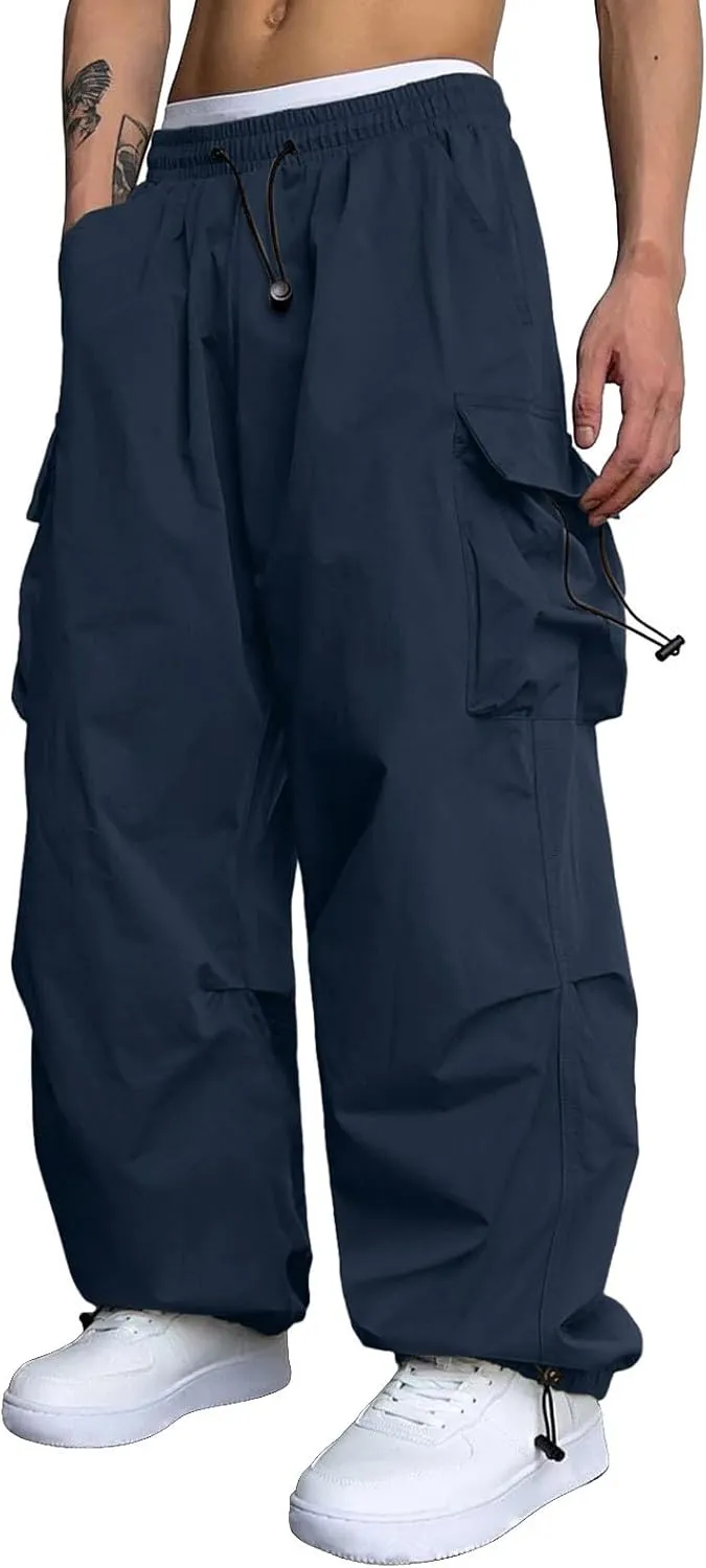 Mens Cargo Pants Casual Wide Leg Elastic Waist Pant Work Pant with Multiple Pockets