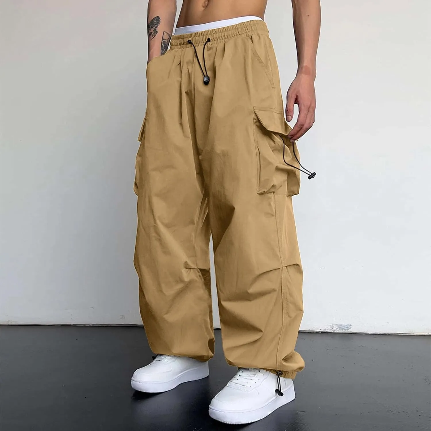 Mens Cargo Pants Casual Wide Leg Elastic Waist Pant Work Pant with Multiple Pockets