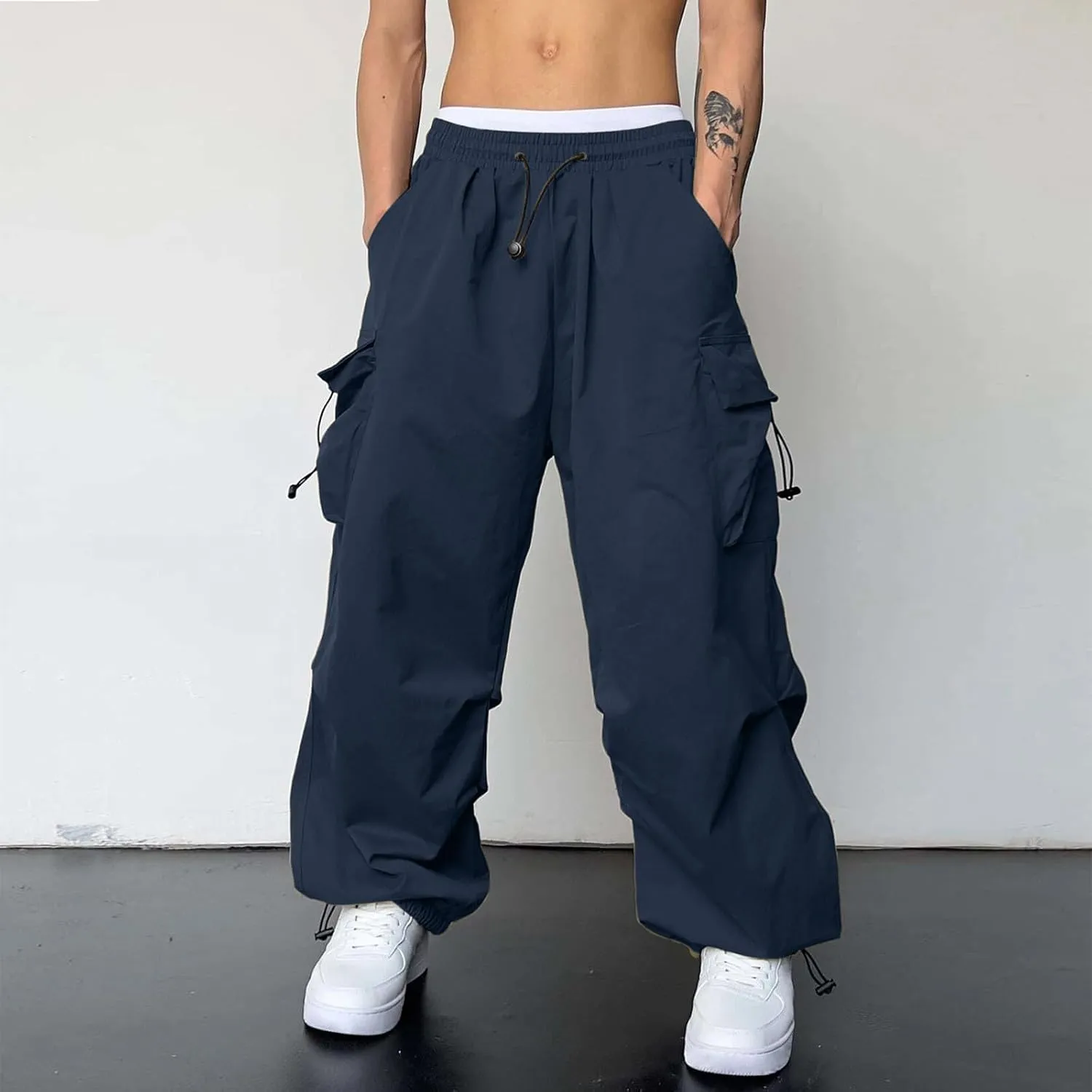 Mens Cargo Pants Casual Wide Leg Elastic Waist Pant Work Pant with Multiple Pockets