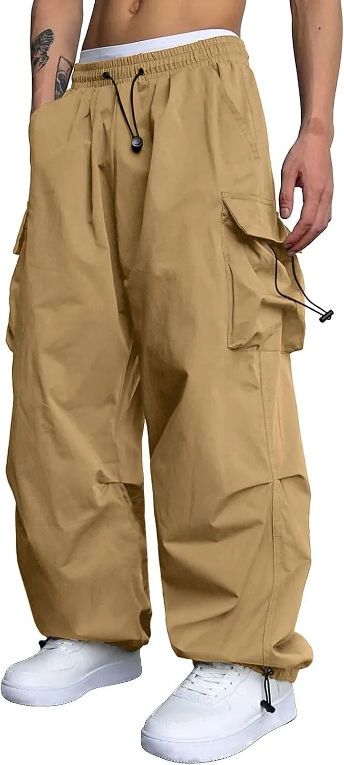 Mens Cargo Pants Casual Wide Leg Elastic Waist Pant Work Pant with Multiple Pockets
