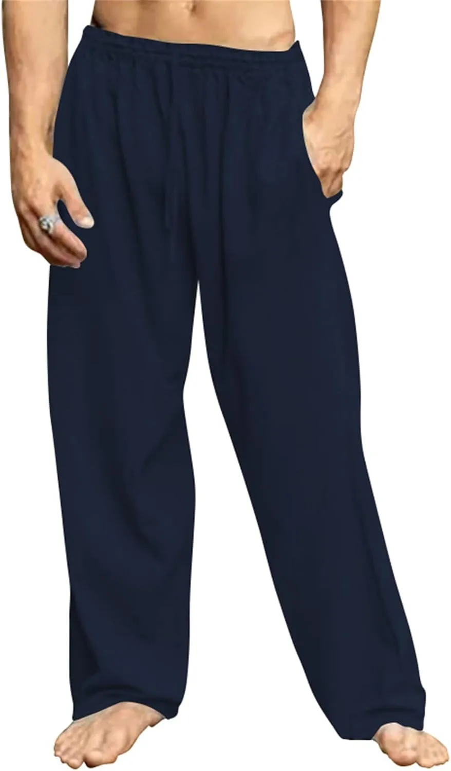 Men's Casual Linen Pants Hip-Hop Breathable Loose Fit Elastic Waist Straight-Legs Summer Yoga Beach Long Sweatpants
