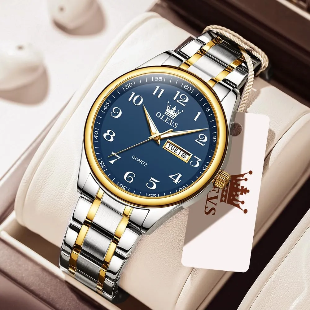 Men's Casual Stainless Steel Watch, Big Face Easy to Read Analog Quartz Watch with Day and Date, Classic Waterproof Diamond Roman Arabic Numerals Dial Dress Watch for Men, Gold Silver Black Band
