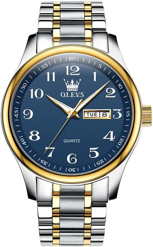 Men's Casual Stainless Steel Watch, Big Face Easy to Read Analog Quartz Watch with Day and Date, Classic Waterproof Diamond Roman Arabic Numerals Dial Dress Watch for Men, Gold Silver Black Band