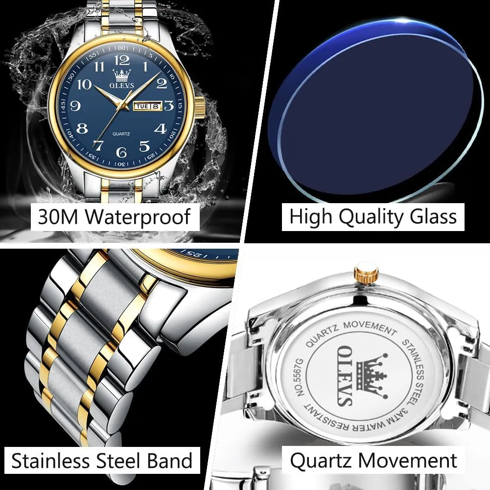 Men's Casual Stainless Steel Watch, Big Face Easy to Read Analog Quartz Watch with Day and Date, Classic Waterproof Diamond Roman Arabic Numerals Dial Dress Watch for Men, Gold Silver Black Band