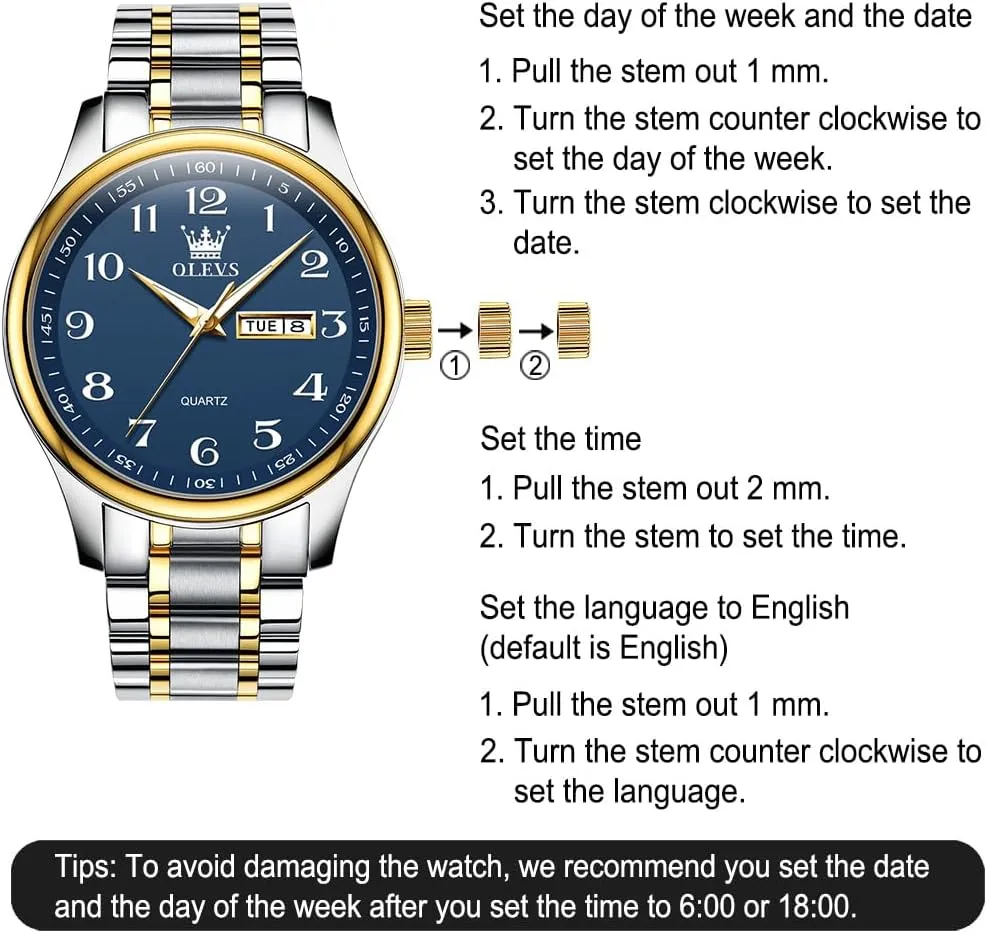 Men's Casual Stainless Steel Watch, Big Face Easy to Read Analog Quartz Watch with Day and Date, Classic Waterproof Diamond Roman Arabic Numerals Dial Dress Watch for Men, Gold Silver Black Band