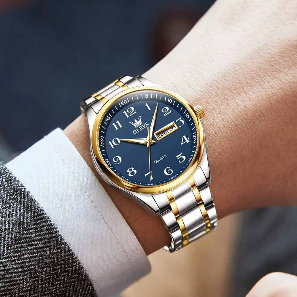Men's Casual Stainless Steel Watch, Big Face Easy to Read Analog Quartz Watch with Day and Date, Classic Waterproof Diamond Roman Arabic Numerals Dial Dress Watch for Men, Gold Silver Black Band