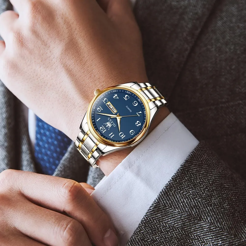 Men's Casual Stainless Steel Watch, Big Face Easy to Read Analog Quartz Watch with Day and Date, Classic Waterproof Diamond Roman Arabic Numerals Dial Dress Watch for Men, Gold Silver Black Band