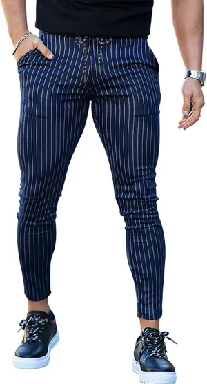 Mens Classic Striped Dress Pants Slim Fit Stretch Flat-Front Casual Golf Pencil Chinos Pants Work Business Suit Pant