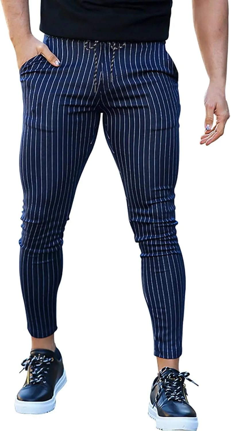 Mens Classic Striped Dress Pants Slim Fit Stretch Flat-Front Casual Golf Pencil Chinos Pants Work Business Suit Pant