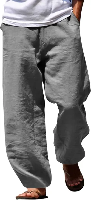 Mens Cotton Linen Drawstring Pants Summer Fashion Resort Wear Pants for Men 2024 Straight Lightweight Loose Fit Yoga Pants