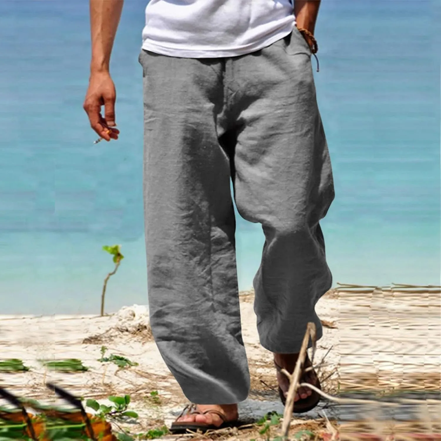 Mens Cotton Linen Drawstring Pants Summer Fashion Resort Wear Pants for Men 2024 Straight Lightweight Loose Fit Yoga Pants