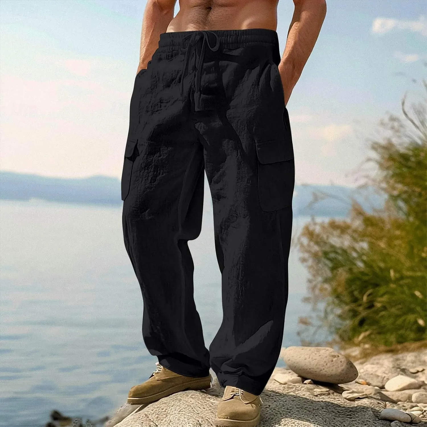 Men's Drawstring Multi Pocket Casual Cargo Pants Hiking Cotton Pants