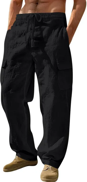 Men's Drawstring Multi Pocket Casual Cargo Pants Hiking Cotton Pants