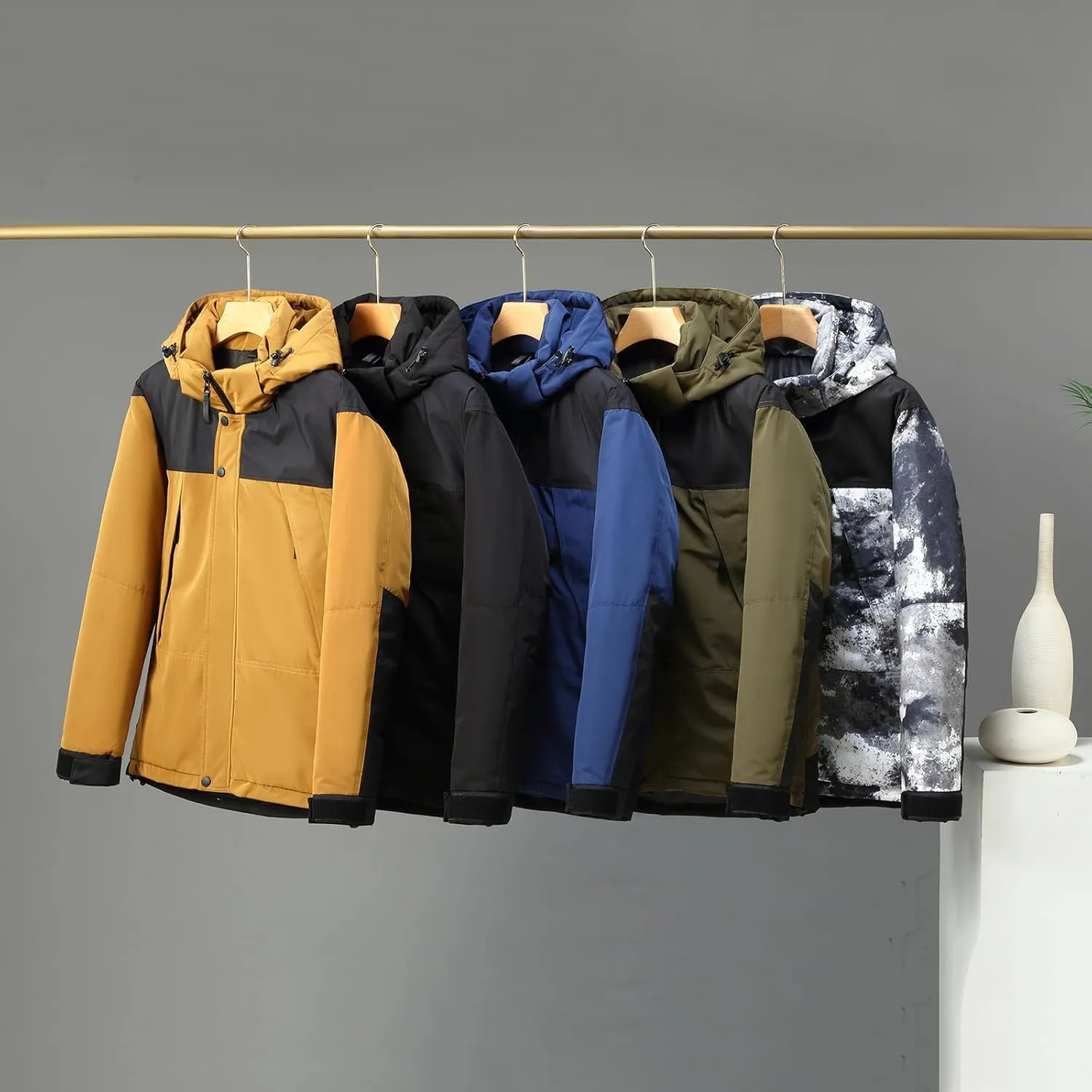 Mens Hooded Outdoor Jacket High Collar Two Color Splicin Cotton Padded Coat Detachable Hat Long Sleeve Jacket