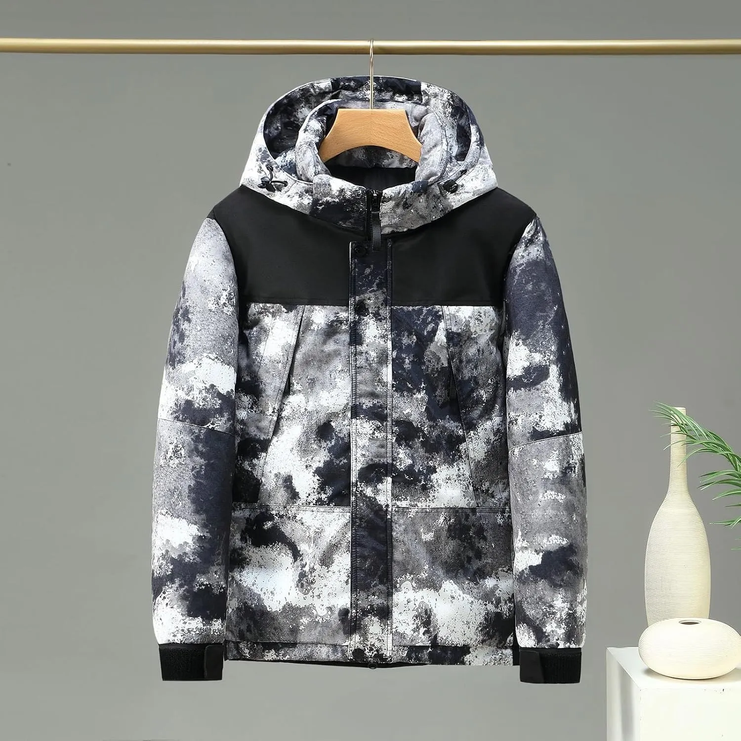 Mens Hooded Outdoor Jacket High Collar Two Color Splicin Cotton Padded Coat Detachable Hat Long Sleeve Jacket