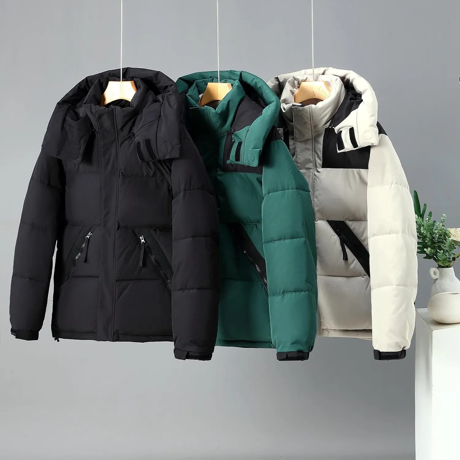 Mens Hooded Outdoor Jacket Two Color Splicing Cotton Padded Coat Detachable Hat Long Sleeve Zipper Men's E Winter