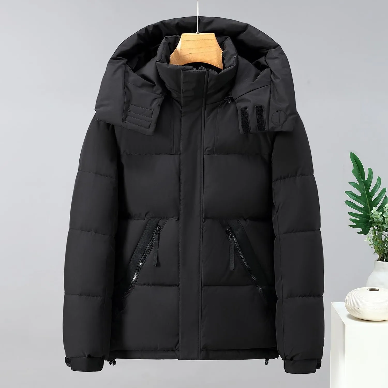 Mens Hooded Outdoor Jacket Two Color Splicing Cotton Padded Coat Detachable Hat Long Sleeve Zipper Men's E Winter