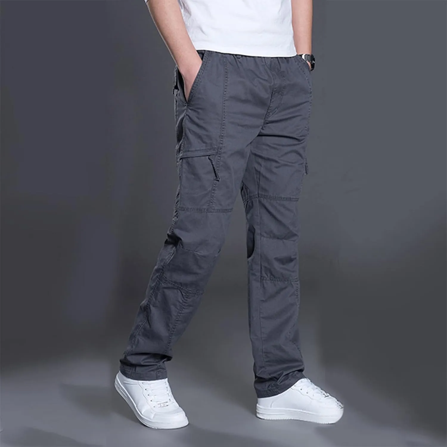 Mens Lightweight Cargo Pants Elastic Waist Straight Leg Slim Fit Chino Trousers for Men Trendy Solid Work Khaki Pant