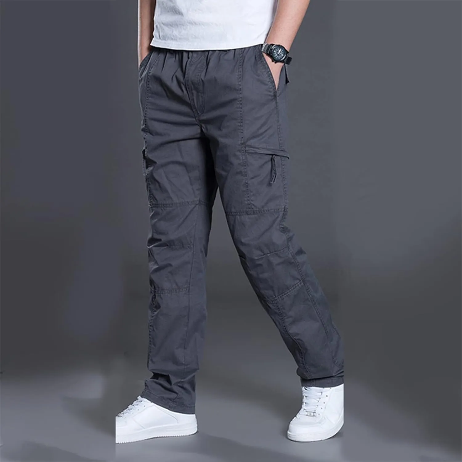 Mens Lightweight Cargo Pants Elastic Waist Straight Leg Slim Fit Chino Trousers for Men Trendy Solid Work Khaki Pant