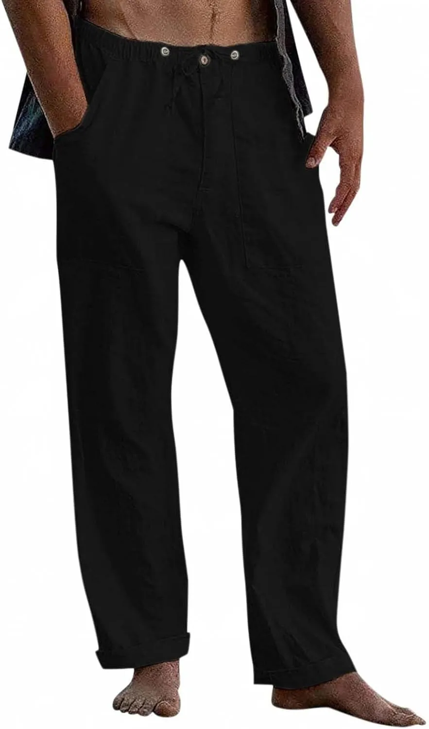 Men's Linen Pants Big and Tall Drawstring Pants Elastic Waist Trousers Lightweight Lounge Pants Loose Comfy Pants