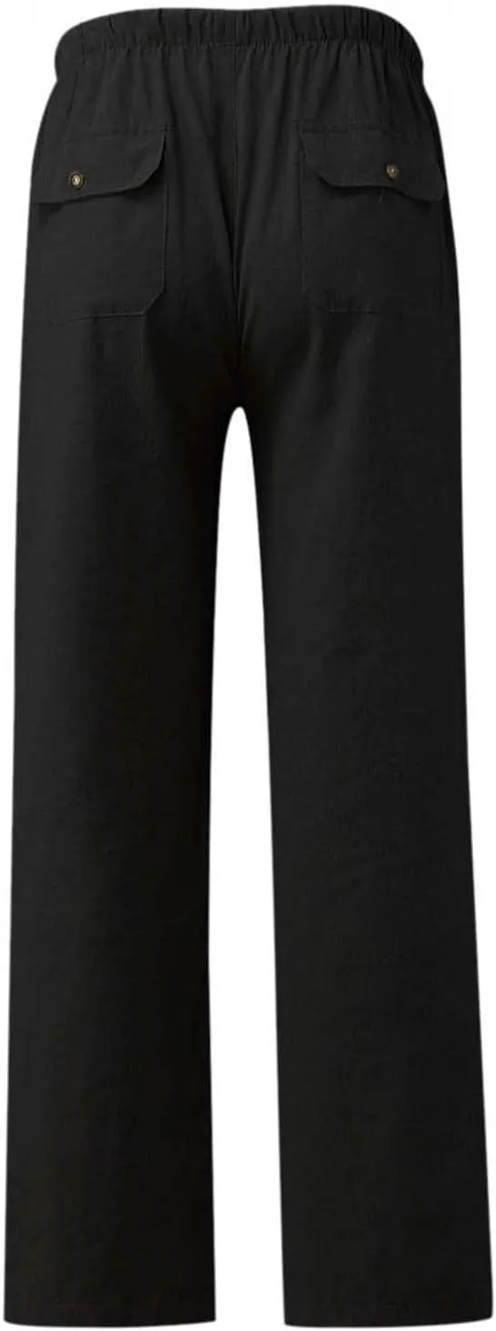 Men's Linen Pants Big and Tall Drawstring Pants Elastic Waist Trousers Lightweight Lounge Pants Loose Comfy Pants