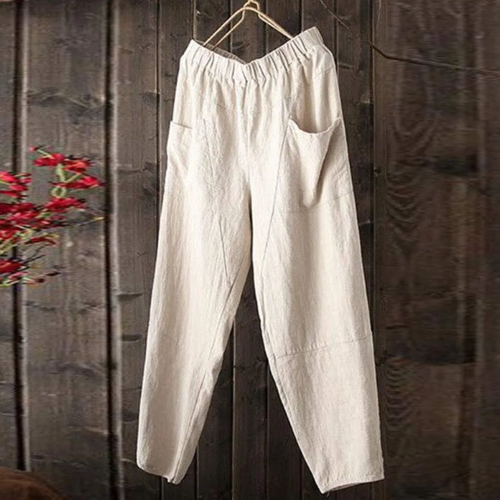 Men's Linen Pants Casual Elastic Waist Pants Breathable Lounge Pants Loose Summer Trousers Trendy Vacation Pants