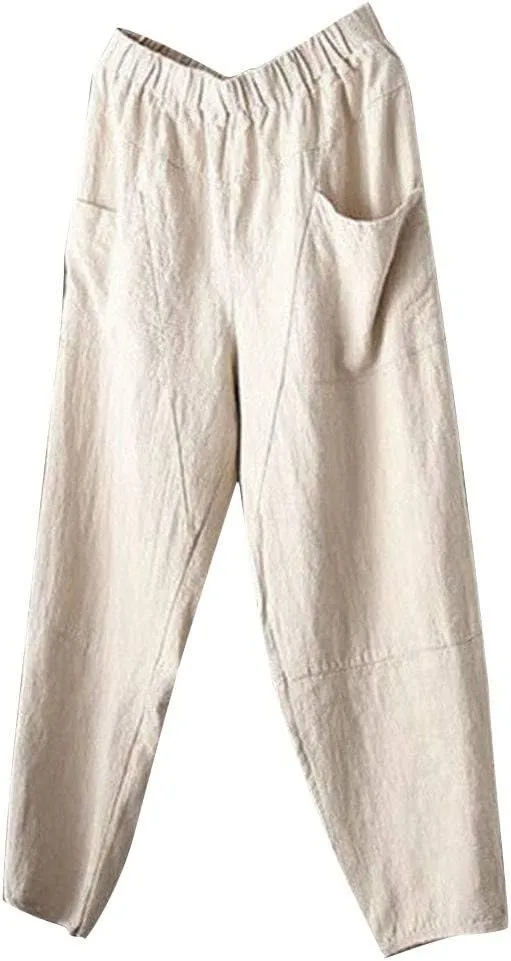 Men's Linen Pants Casual Elastic Waist Pants Breathable Lounge Pants Loose Summer Trousers Trendy Vacation Pants