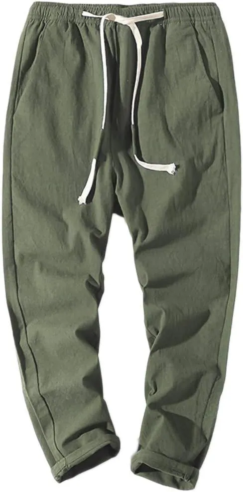 Mens Linen Pants Drawstring Plus Size Tapered Pants Elastic Waist Lightweight Lounge Pants Slim Fit Casual Trousers