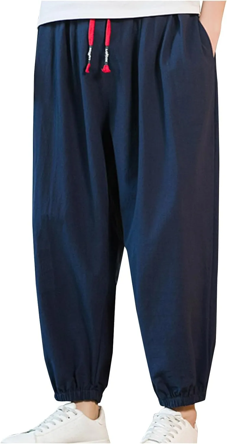 Men's Linen Pants Tapered Drawstring Pants Summer Baggy Joggers Lightweight Lounge Pants Big and Tall Trousers