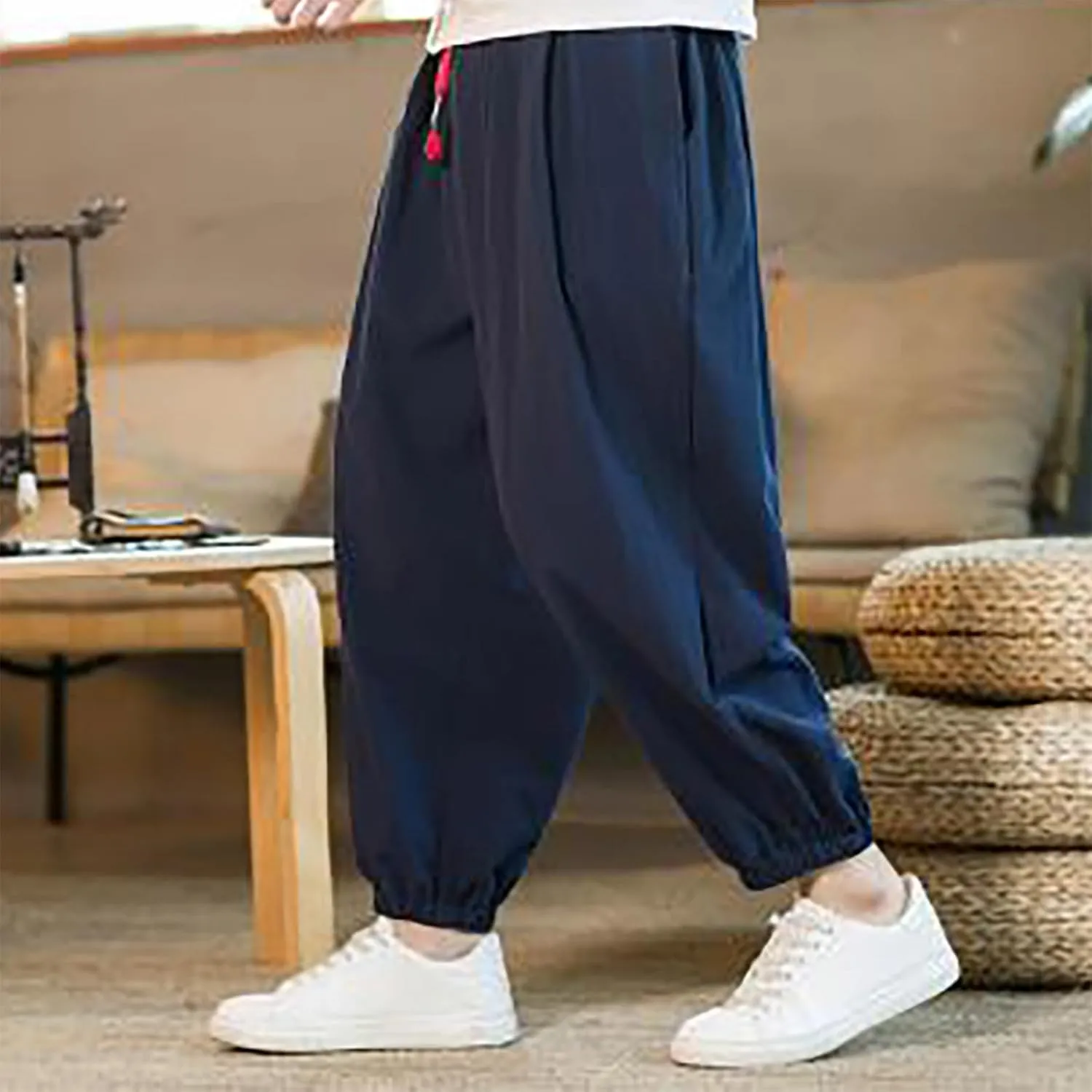 Men's Linen Pants Tapered Drawstring Pants Summer Baggy Joggers Lightweight Lounge Pants Big and Tall Trousers